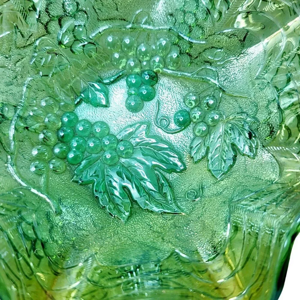 Vintage Imperial Carnival Glass Green‎ Ruffled Bowl Grapes Uranium?